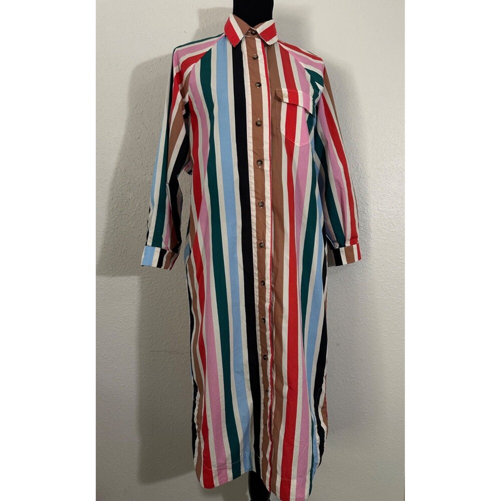 Lady Captain Yacht Club Caftan Multi Striped Fishing Shirt Dress Vented Size S